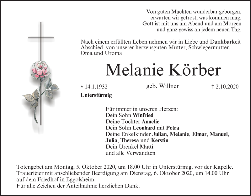  Traueranzeige für Melanie Körber vom 05.10.2020 aus MGO