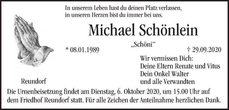  Traueranzeige für Michael Schönlein vom 02.10.2020 aus MGO