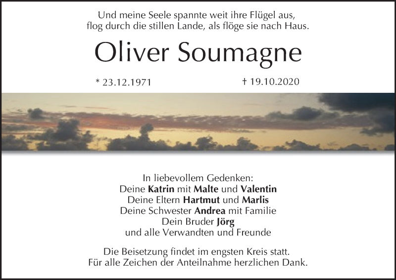  Traueranzeige für Oliver Soumagne vom 24.10.2020 aus MGO