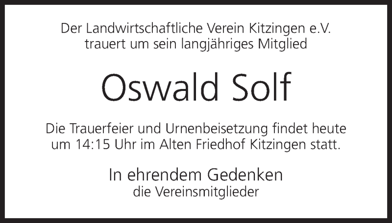  Traueranzeige für Oswald Solf vom 02.10.2020 aus MGO