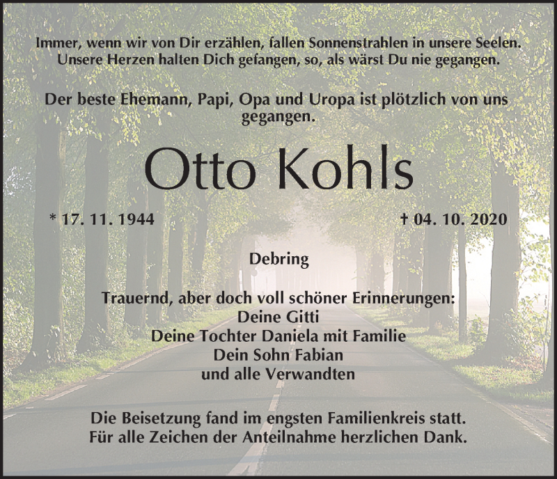  Traueranzeige für Otto Kohls vom 10.10.2020 aus MGO