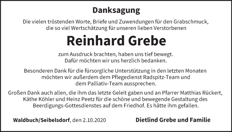  Traueranzeige für Reinhard Grebe vom 02.10.2020 aus MGO