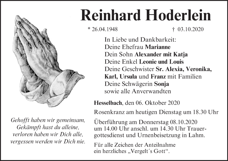  Traueranzeige für Reinhard Hoderlein vom 06.10.2020 aus MGO