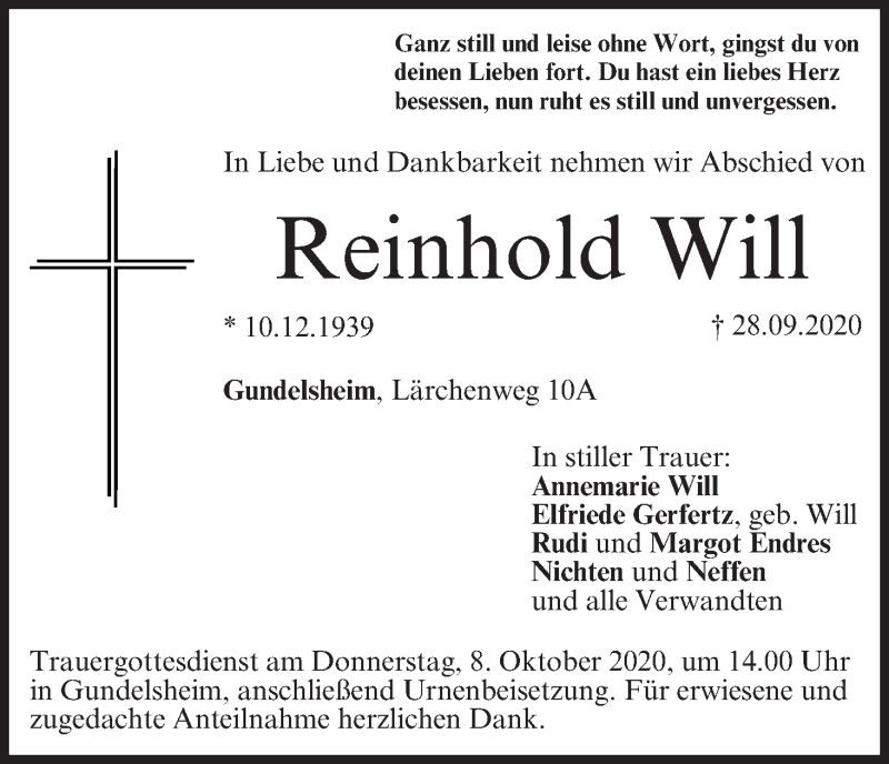  Traueranzeige für Reinhold Will vom 02.10.2020 aus MGO