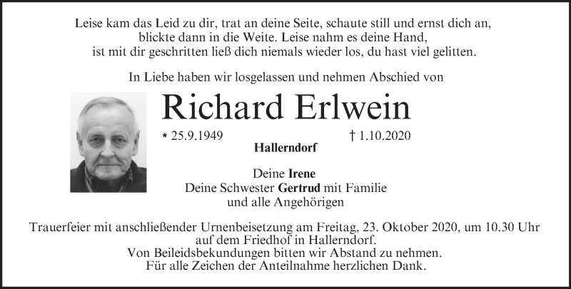  Traueranzeige für Richard Erlwein vom 17.10.2020 aus MGO