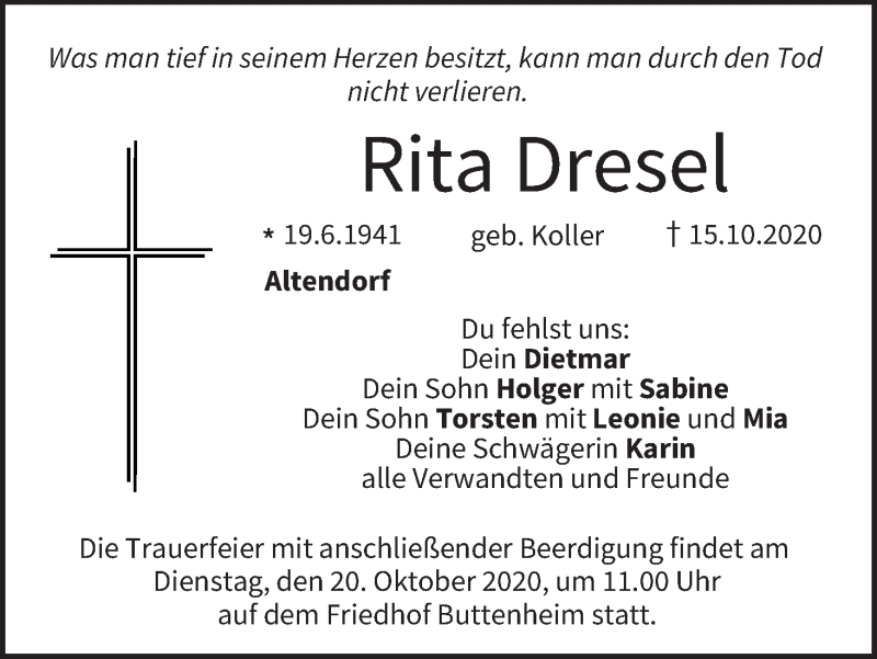  Traueranzeige für Rita Dresel vom 17.10.2020 aus MGO