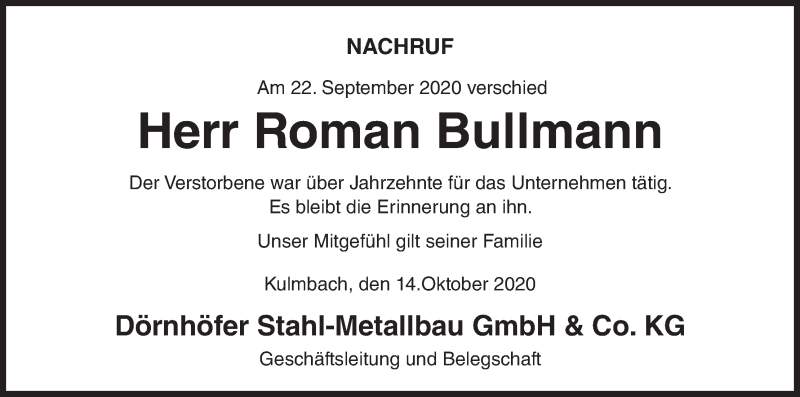  Traueranzeige für Roman Bullmann vom 15.10.2020 aus MGO