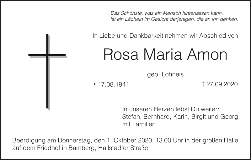  Traueranzeige für Rosa Maria Amon vom 30.09.2020 aus MGO