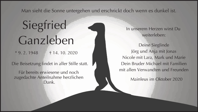  Traueranzeige für Siegfried Ganzleben vom 20.10.2020 aus MGO