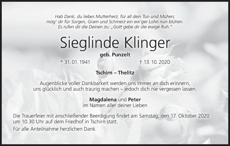  Traueranzeige für Sieglinde Klinger vom 16.10.2020 aus MGO