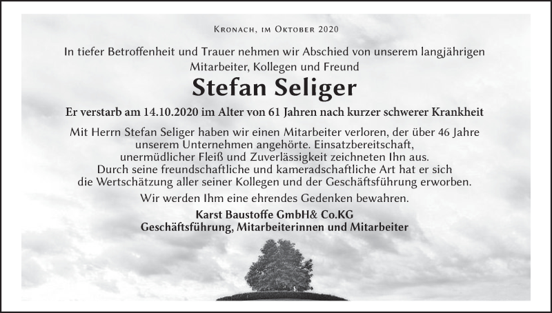  Traueranzeige für Stefan Seliger vom 23.10.2020 aus MGO