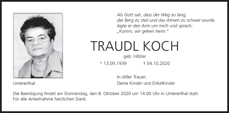  Traueranzeige für Traudl Koch vom 06.10.2020 aus MGO