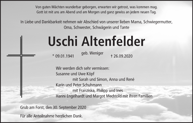  Traueranzeige für Uschi Altenfelder vom 30.09.2020 aus MGO