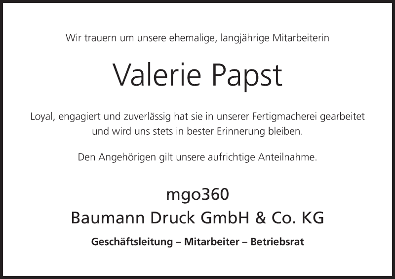  Traueranzeige für Valerie Papst vom 24.10.2020 aus MGO