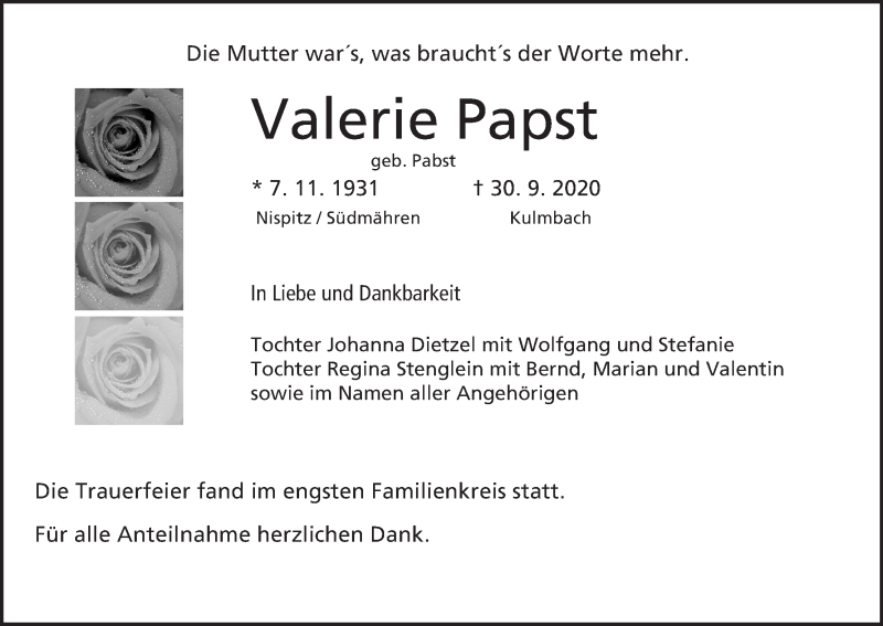  Traueranzeige für Valerie Papst vom 17.10.2020 aus MGO
