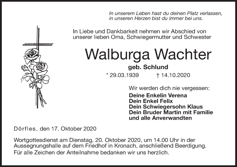  Traueranzeige für Walburga Wachter vom 17.10.2020 aus MGO