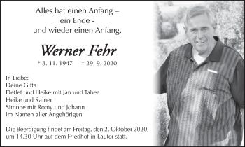 Anzeige von Werner Fehr von MGO