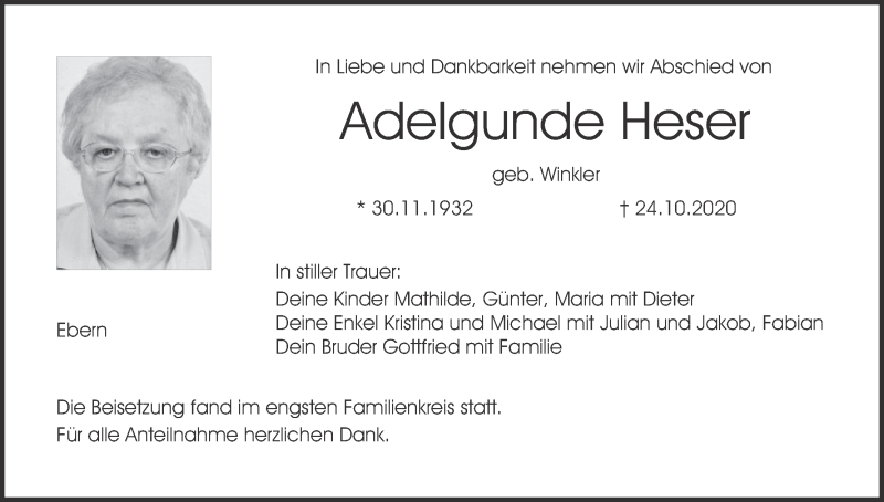  Traueranzeige für Adelgunde Heser vom 31.10.2020 aus MGO