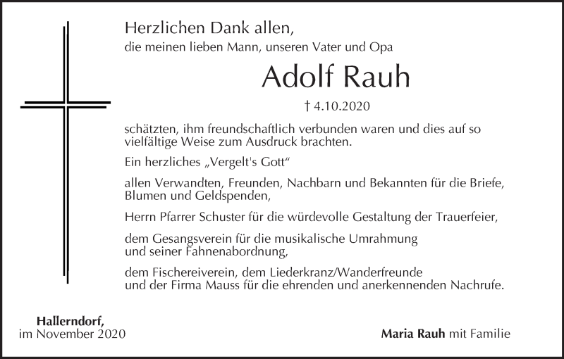  Traueranzeige für Adolf Rauh vom 07.11.2020 aus MGO