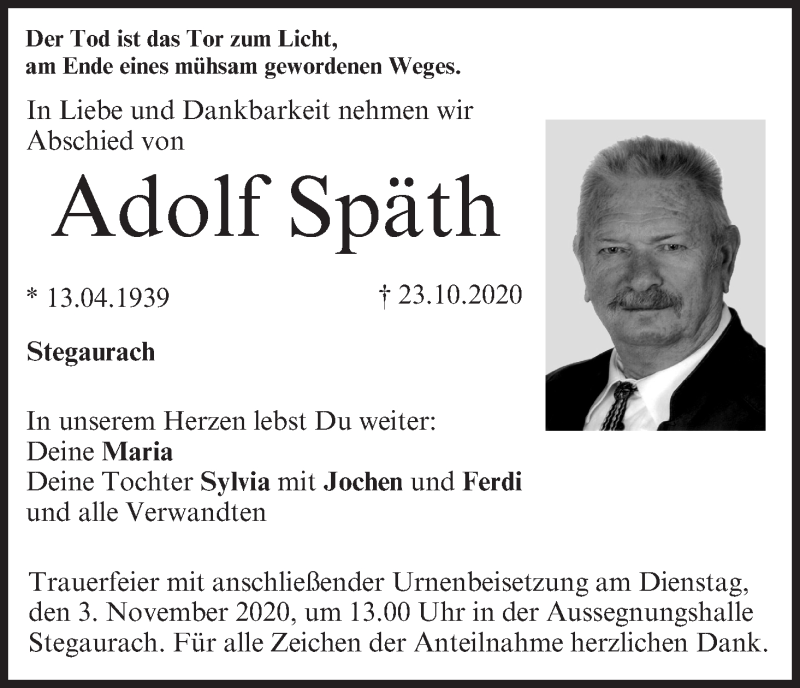  Traueranzeige für Adolf Späth vom 31.10.2020 aus MGO