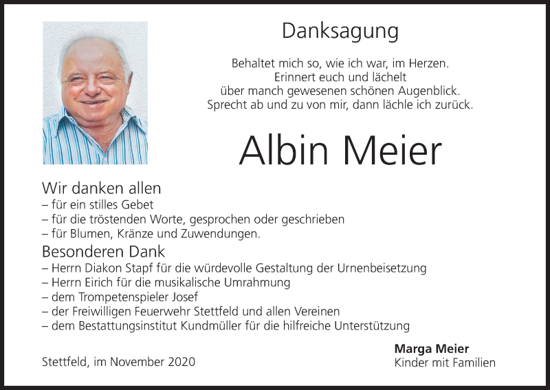  Traueranzeige für Albin Meier vom 07.11.2020 aus MGO