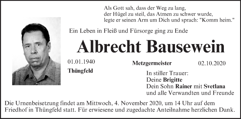 Traueranzeige für Albrecht Bausewein vom 03.11.2020 aus MGO