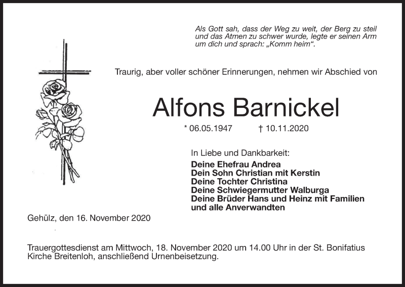  Traueranzeige für Alfons Barnickel vom 16.11.2020 aus MGO