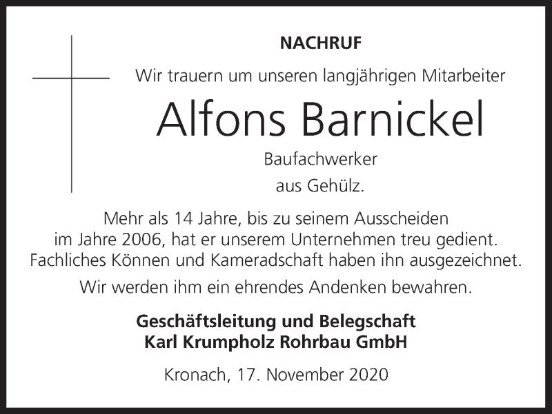  Traueranzeige für Alfons Barnickel vom 19.11.2020 aus MGO