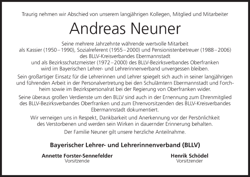  Traueranzeige für Andreas Neuner vom 14.11.2020 aus MGO