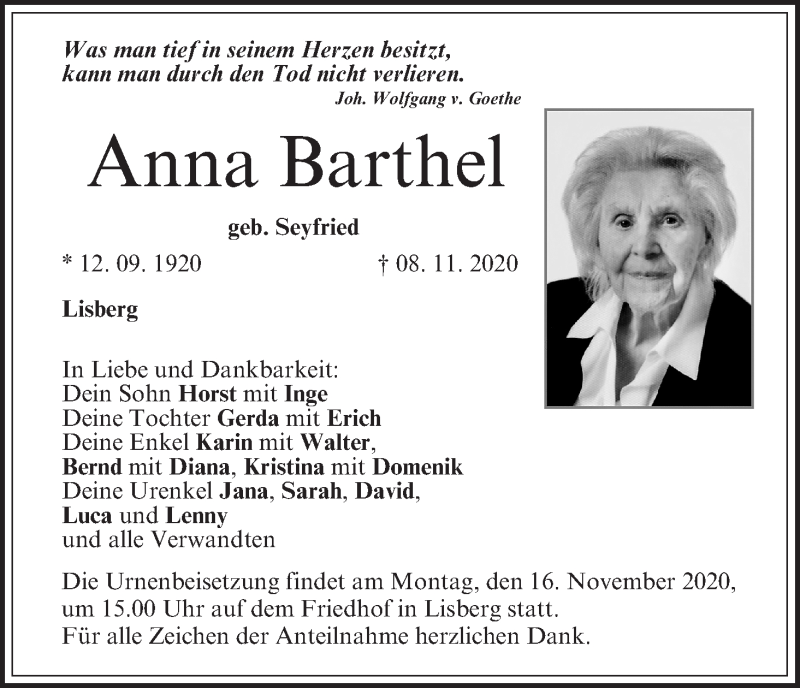  Traueranzeige für Anna Barthel vom 10.11.2020 aus MGO