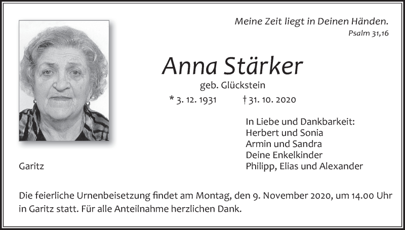  Traueranzeige für Anna Stärker vom 06.11.2020 aus MGO