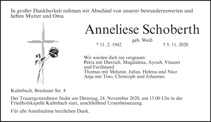  Traueranzeige für Anneliese Schoberth vom 21.11.2020 aus MGO