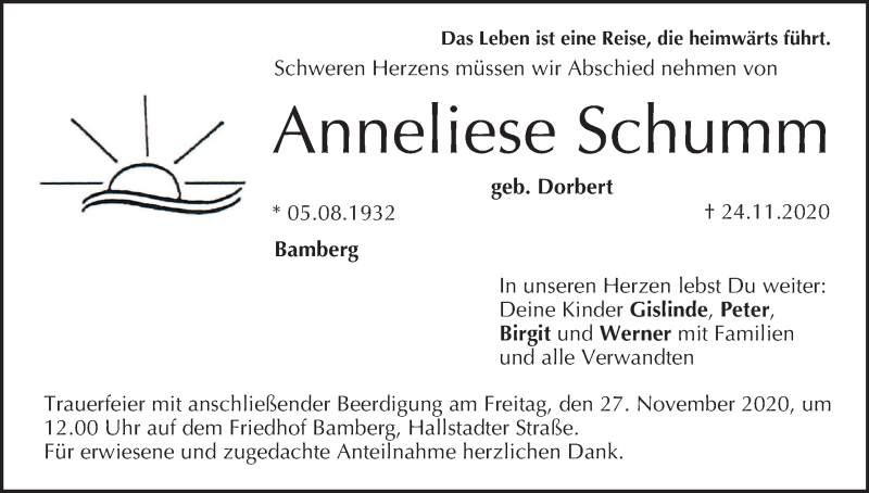  Traueranzeige für Anneliese Schumm vom 26.11.2020 aus MGO