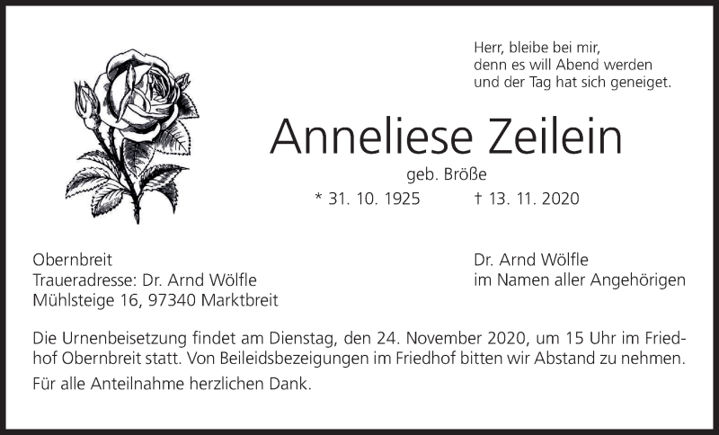  Traueranzeige für Anneliese Zeilein vom 21.11.2020 aus MGO