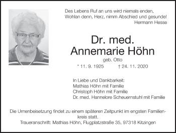 Anzeige von Annemarie Höhn von MGO