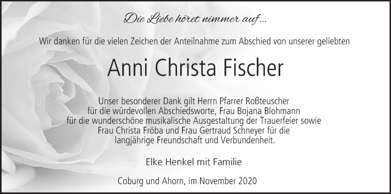  Traueranzeige für Anni Christa Fischer vom 07.11.2020 aus MGO