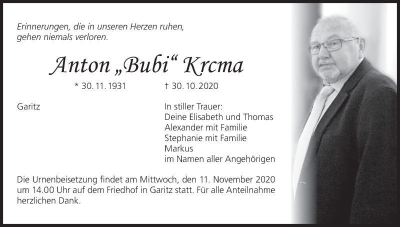  Traueranzeige für Anton  Krcma vom 07.11.2020 aus MGO
