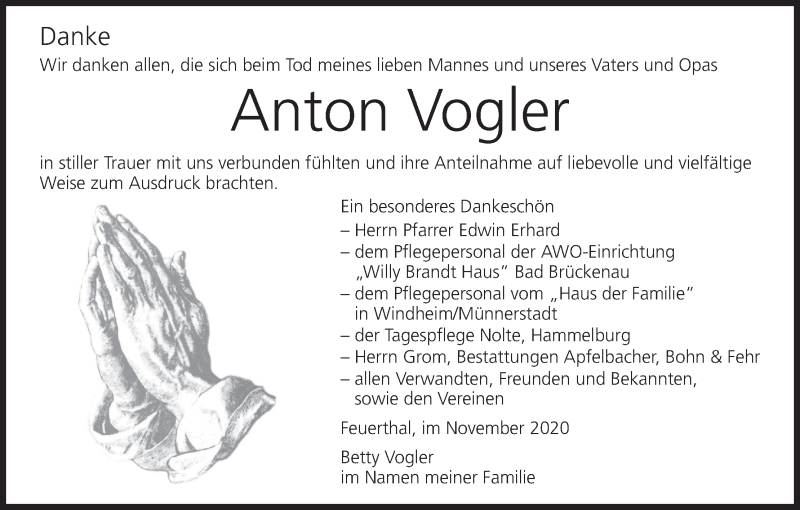  Traueranzeige für Anton Vogler vom 21.11.2020 aus MGO