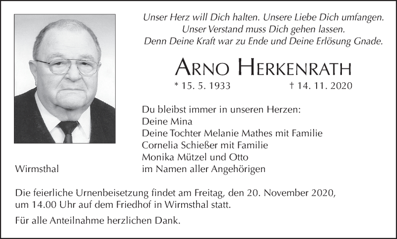  Traueranzeige für Arno Herkenrath vom 17.11.2020 aus MGO