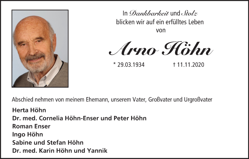  Traueranzeige für Arno Höhn vom 18.11.2020 aus MGO