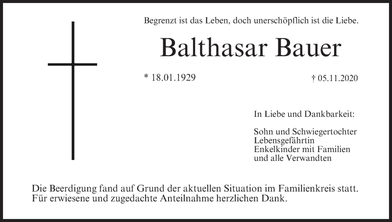  Traueranzeige für Balthasar Bauer vom 14.11.2020 aus MGO