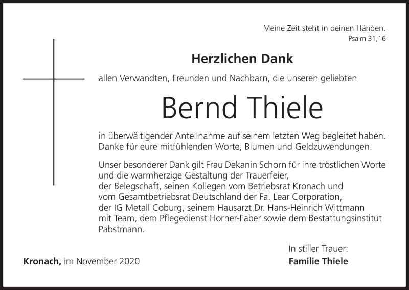  Traueranzeige für Bernd Thiele vom 14.11.2020 aus MGO