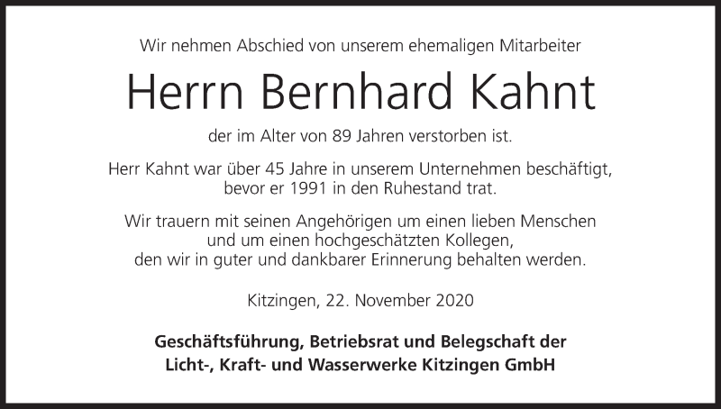  Traueranzeige für Bernhard Kahnt vom 27.11.2020 aus MGO