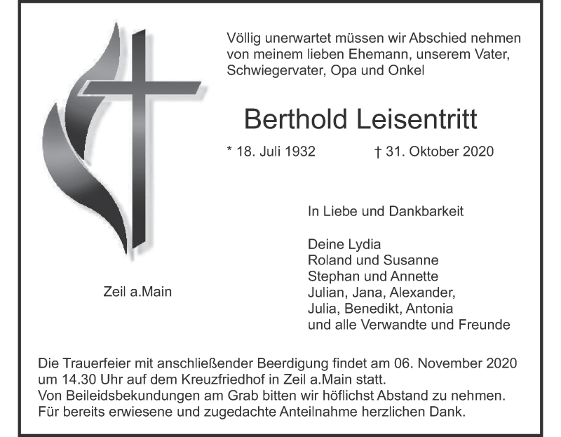  Traueranzeige für Berthold Leisentritt vom 04.11.2020 aus MGO