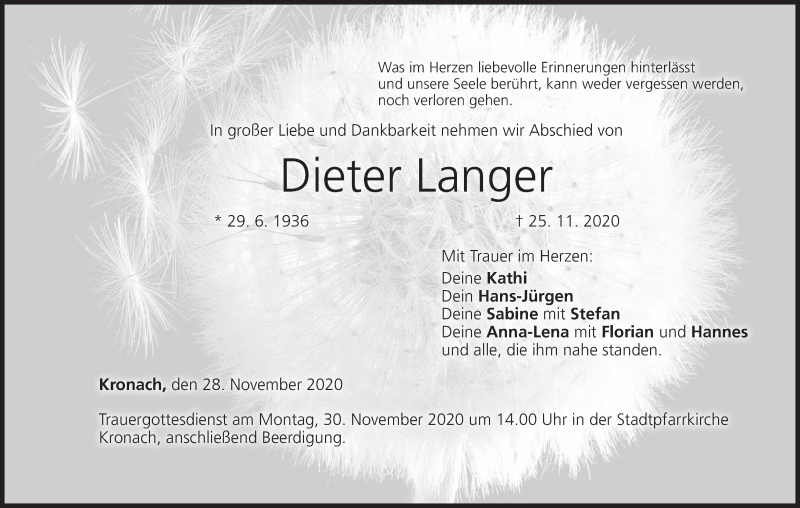  Traueranzeige für Dieter Langer vom 28.11.2020 aus MGO