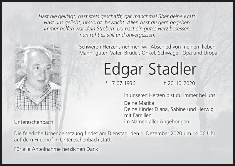  Traueranzeige für Edgar Stadler vom 25.11.2020 aus MGO