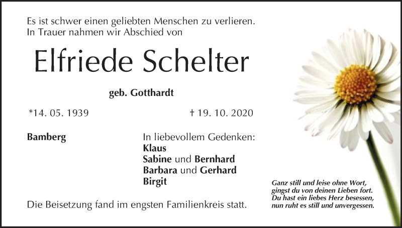  Traueranzeige für Elfriede Schelter vom 31.10.2020 aus MGO