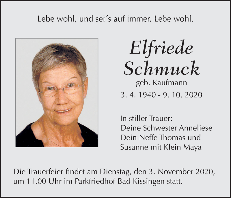 Traueranzeige für Elfriede Schmuck vom 31.10.2020 aus MGO