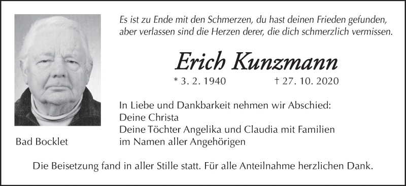  Traueranzeige für Erich Kunzmann vom 07.11.2020 aus MGO