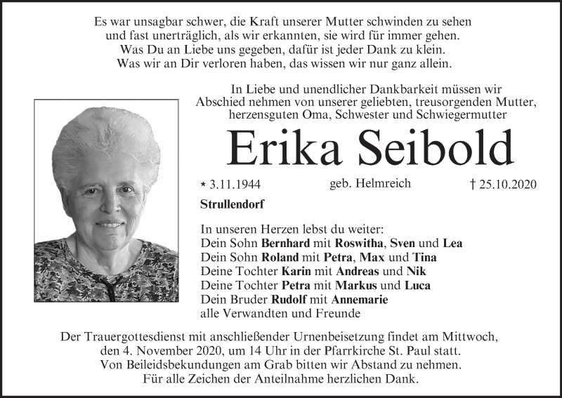  Traueranzeige für Erika Seibold vom 31.10.2020 aus MGO